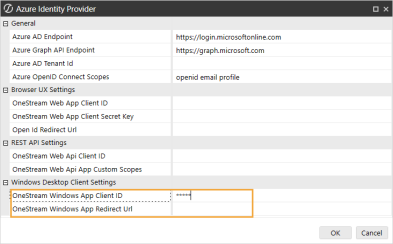 The Azure Identity Provider dialog box has a grid with row headings that have a gray background with black text and can be expanded to display fields with a white background and black text. In this example, in the REST API Settings section, OneStream Web Api Client ID and OneStream Web Api App Custom Scopes are highlighted.
